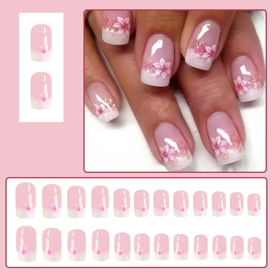 24pcs/set short square fake nails for women girls faux ongles fashion glitter geometric flowers design press on false nail kit