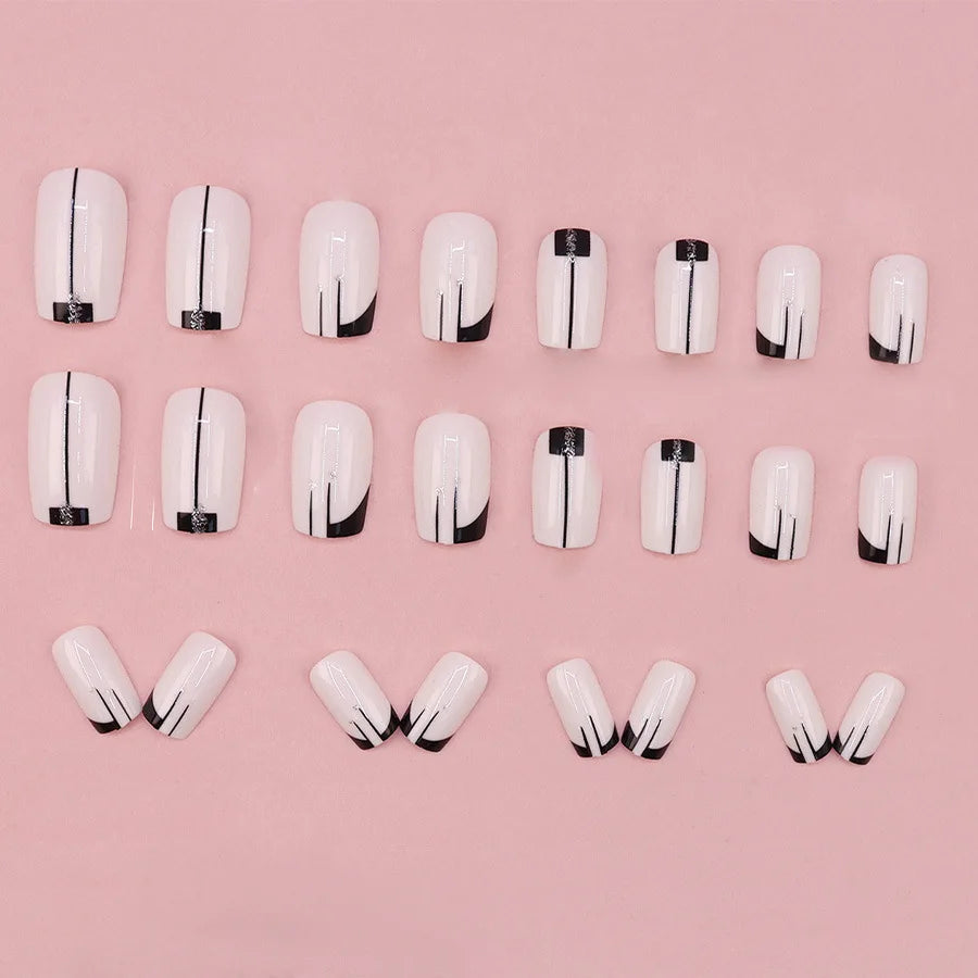 24pcs/set short square fake nails for women girls faux ongles fashion glitter geometric flowers design press on false nail kit
