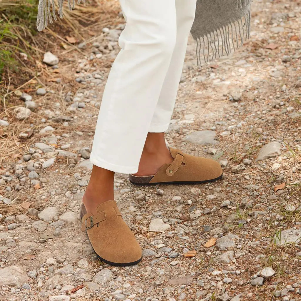 Shevalues New Genuine Clogs For Women Men Buckle Suede Clogs with Arch Support Soft Cork Footbed Mules Shoes Thick Beach Sandals