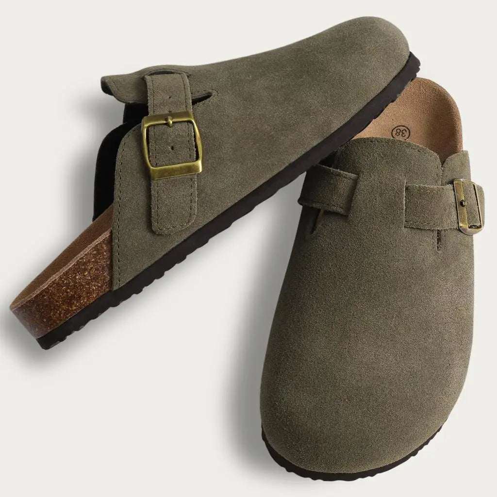 Shevalues New Genuine Clogs For Women Men Buckle Suede Clogs with Arch Support Soft Cork Footbed Mules Shoes Thick Beach Sandals