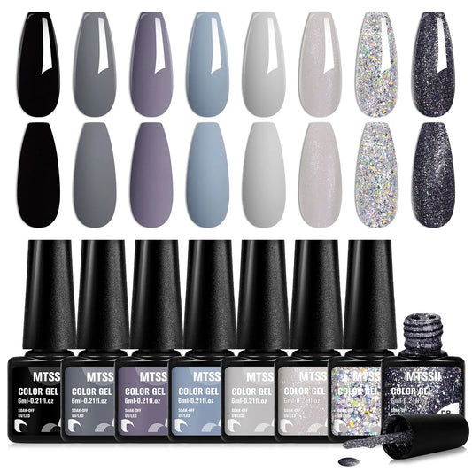 8PCS/Set Colorful Gorgeous Gel Nail Polish Kit Autumn Series Sparkling Shinning Manicure Soak Off Black White Nails Art Varnish