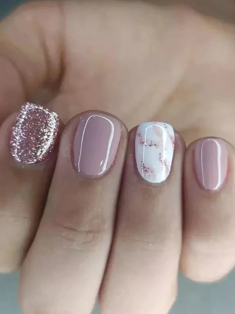 24 PCs Short French Glossy Glitter Nails with 1 Jelly Gel and 1 Nail File
