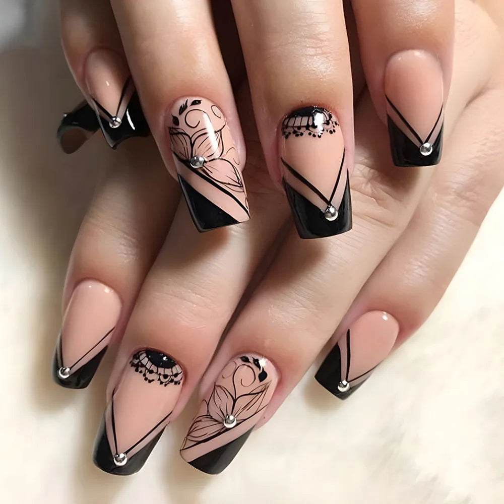 24pcs/set short square fake nails for women girls faux ongles fashion glitter geometric flowers design press on false nail kit
