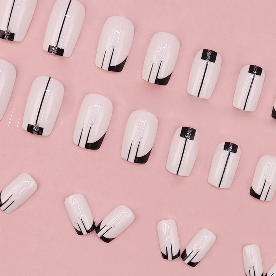 24pcs/set short square fake nails for women girls faux ongles fashion glitter geometric flowers design press on false nail kit