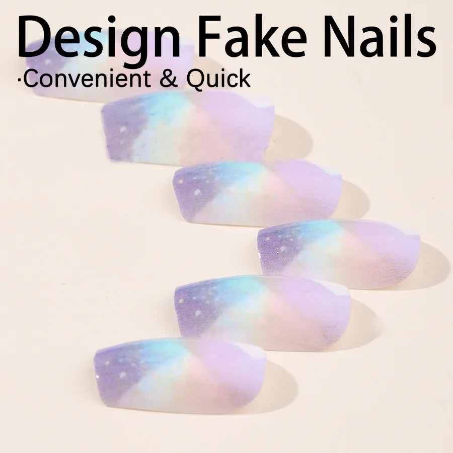 24pcs/set short square fake nails for women girls faux ongles fashion glitter geometric flowers design press on false nail kit