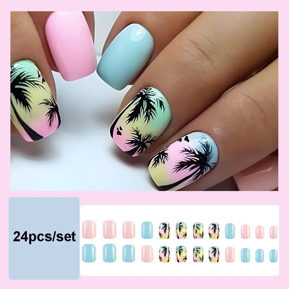 24pcs/set short square fake nails for women girls faux ongles fashion glitter geometric flowers design press on false nail kit
