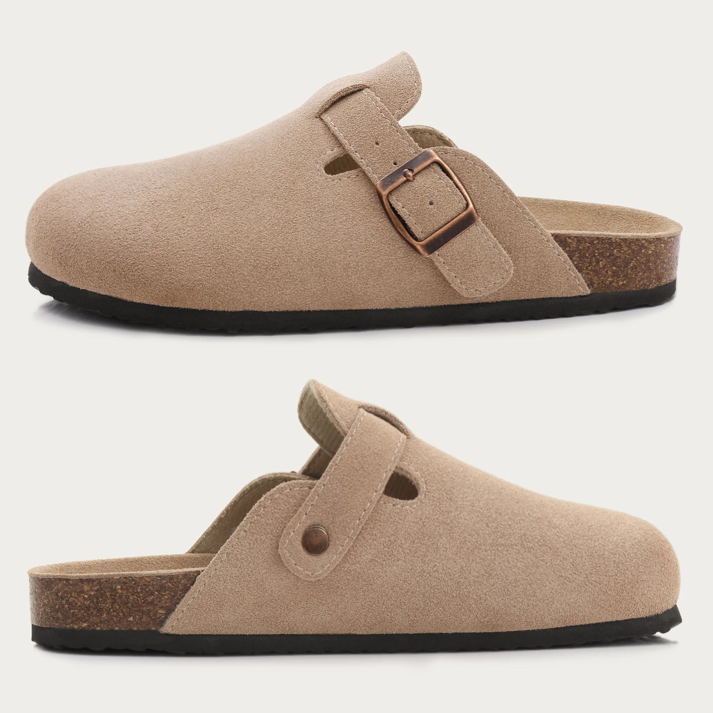 Shevalues New Genuine Clogs For Women Men Buckle Suede Clogs with Arch Support Soft Cork Footbed Mules Shoes Thick Beach Sandals