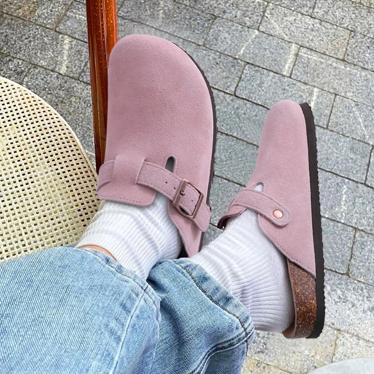 Shevalues New Genuine Clogs For Women Men Buckle Suede Clogs with Arch Support Soft Cork Footbed Mules Shoes Thick Beach Sandals