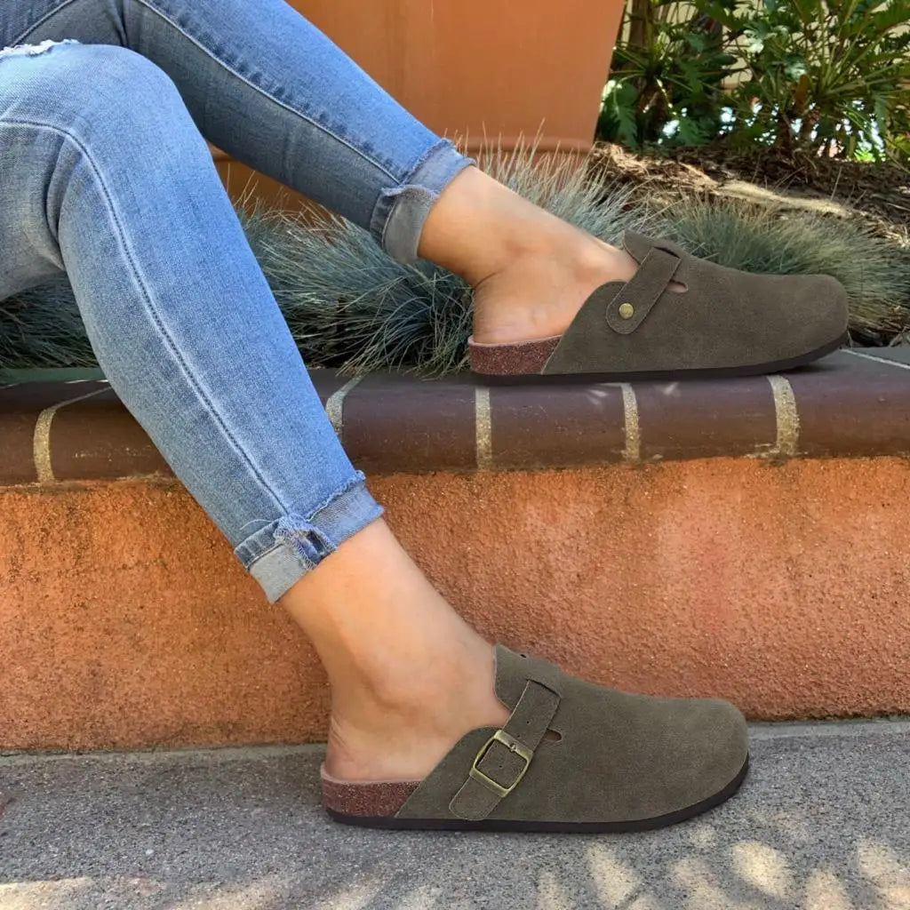Shevalues New Genuine Clogs For Women Men Buckle Suede Clogs with Arch Support Soft Cork Footbed Mules Shoes Thick Beach Sandals