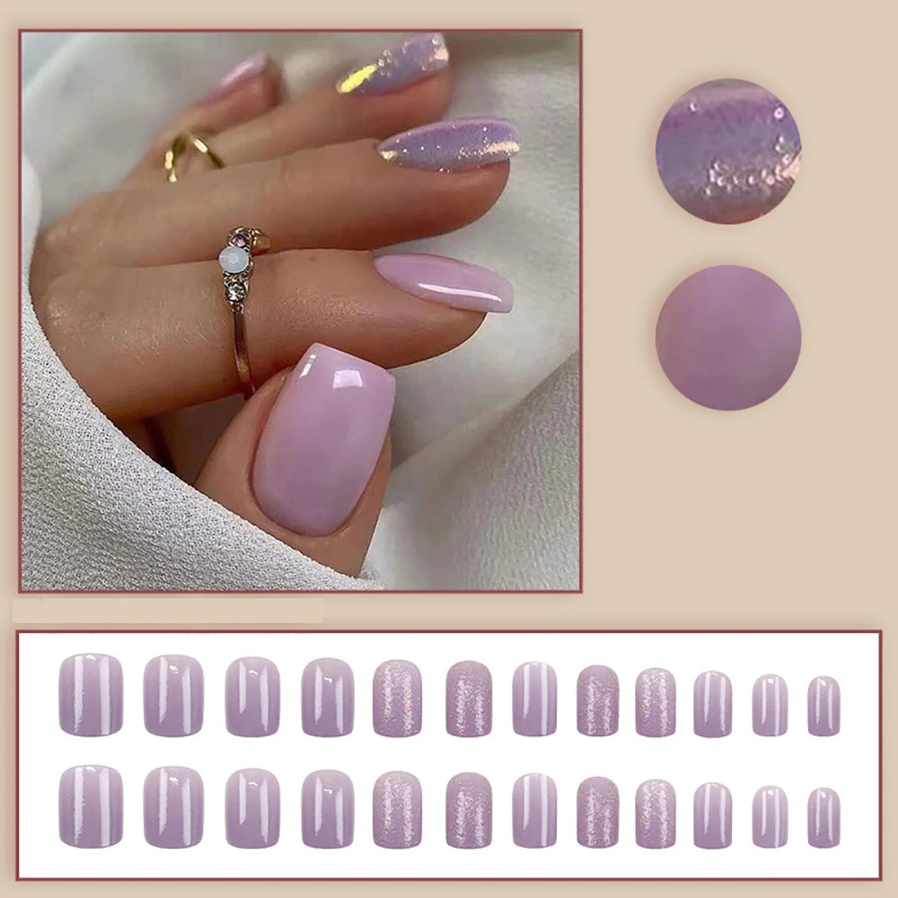 24pcs/set short square fake nails for women girls faux ongles fashion glitter geometric flowers design press on false nail kit