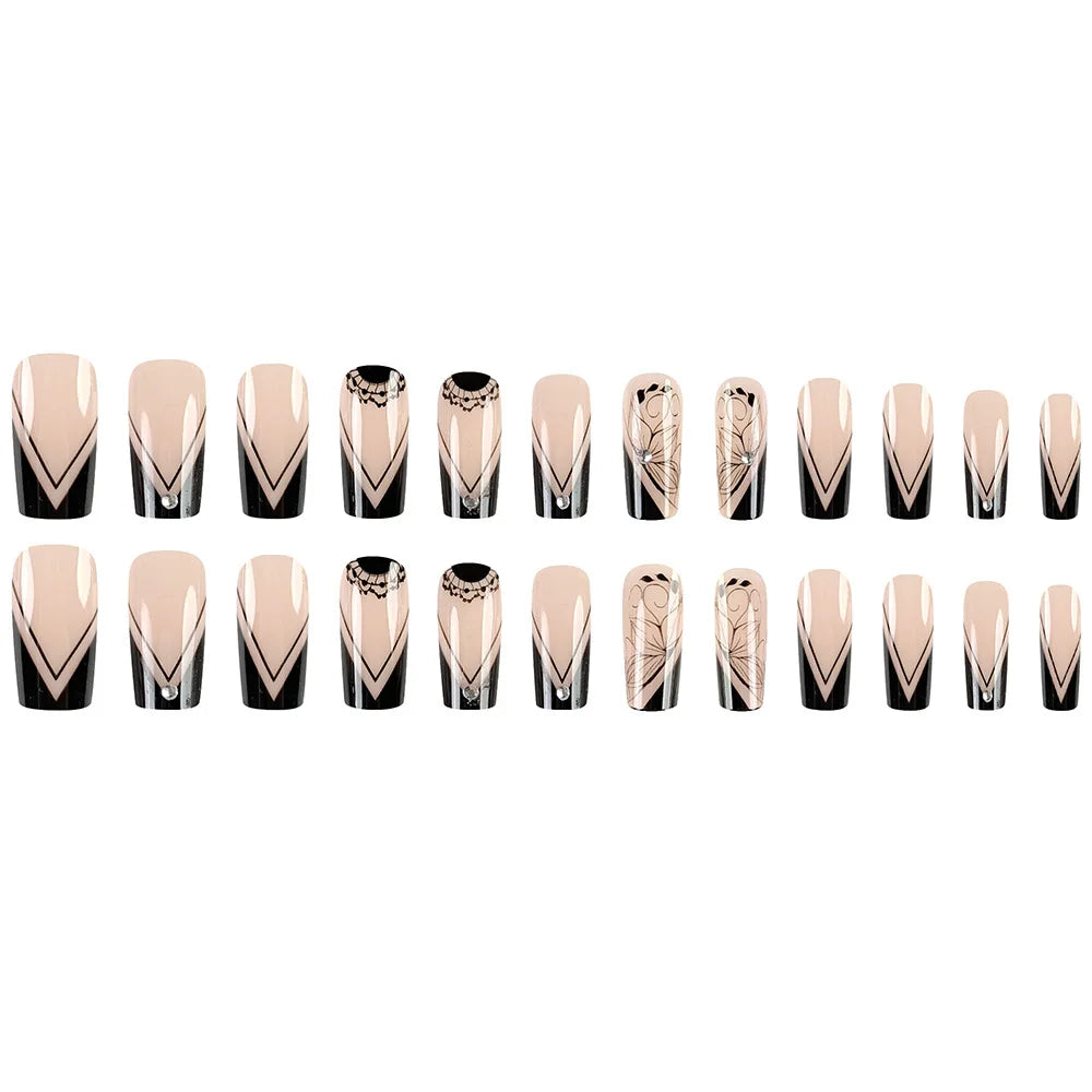 24pcs/set short square fake nails for women girls faux ongles fashion glitter geometric flowers design press on false nail kit