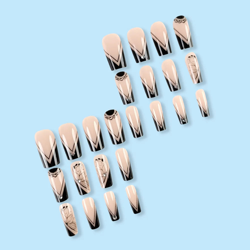 24pcs/set short square fake nails for women girls faux ongles fashion glitter geometric flowers design press on false nail kit