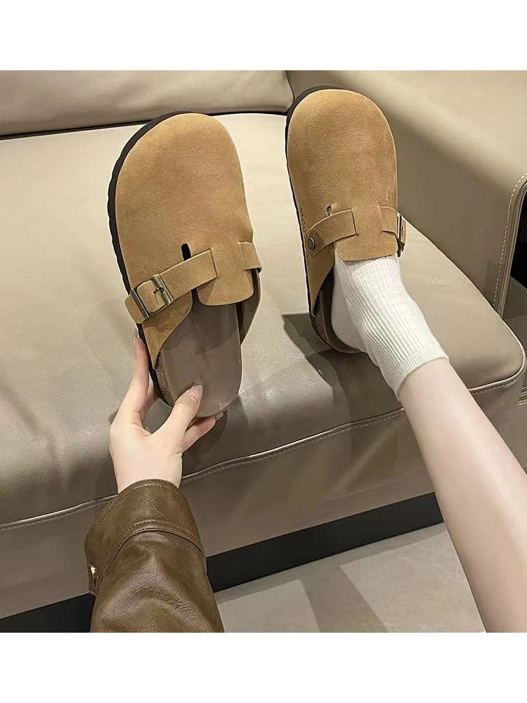 Comwarm Fashion Women's Suede Mules Slippers Men Clogs Cork Insole Sandals With Arch Support Outdoor Beach Slides Home Shoes