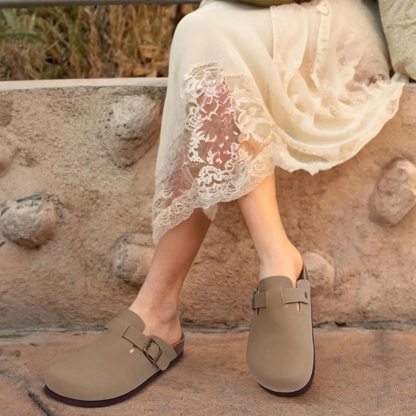 Shevalues New Genuine Clogs For Women Men Buckle Suede Clogs with Arch Support Soft Cork Footbed Mules Shoes Thick Beach Sandals