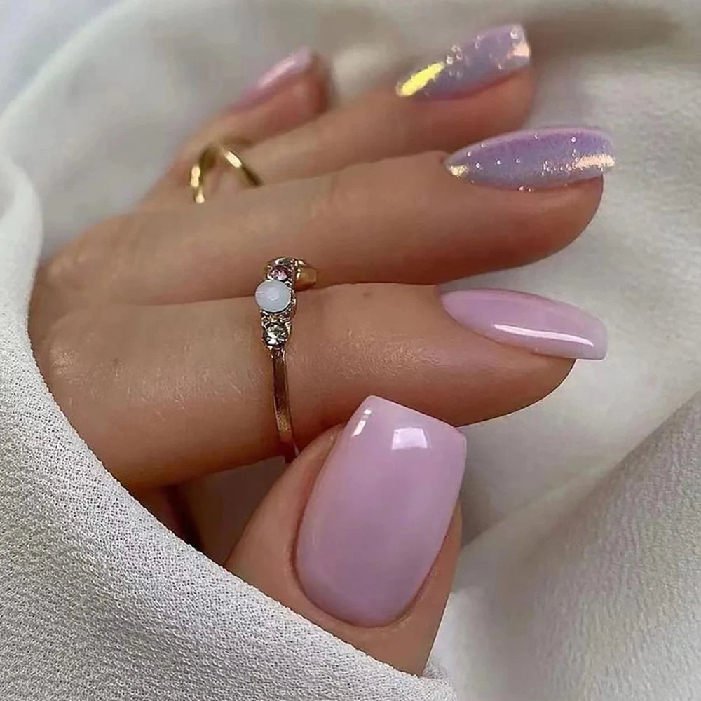 24pcs/set short square fake nails for women girls faux ongles fashion glitter geometric flowers design press on false nail kit