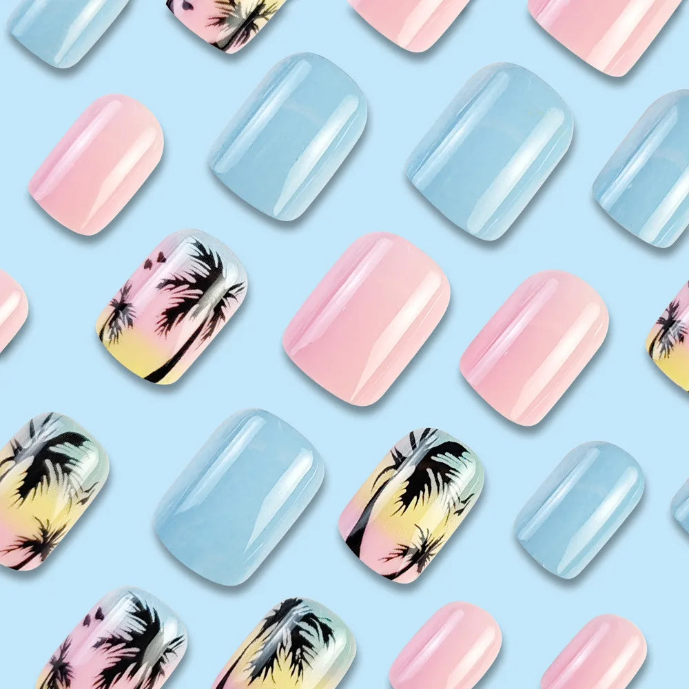 24pcs/set short square fake nails for women girls faux ongles fashion glitter geometric flowers design press on false nail kit