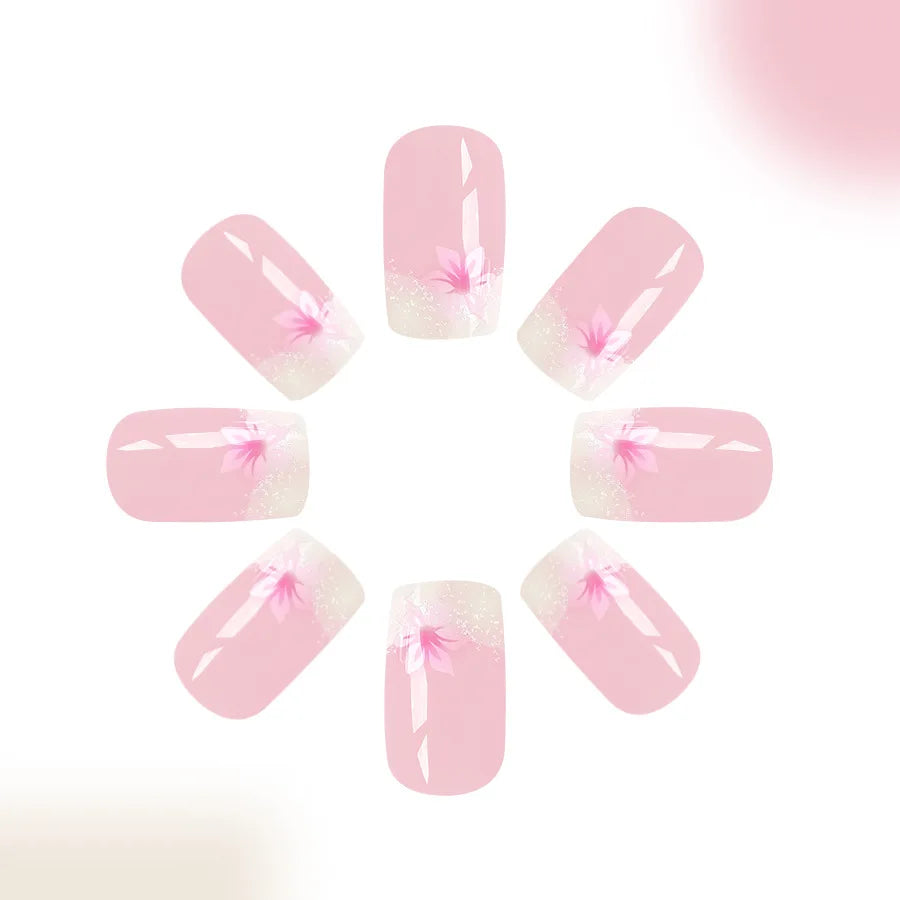 24pcs/set short square fake nails for women girls faux ongles fashion glitter geometric flowers design press on false nail kit
