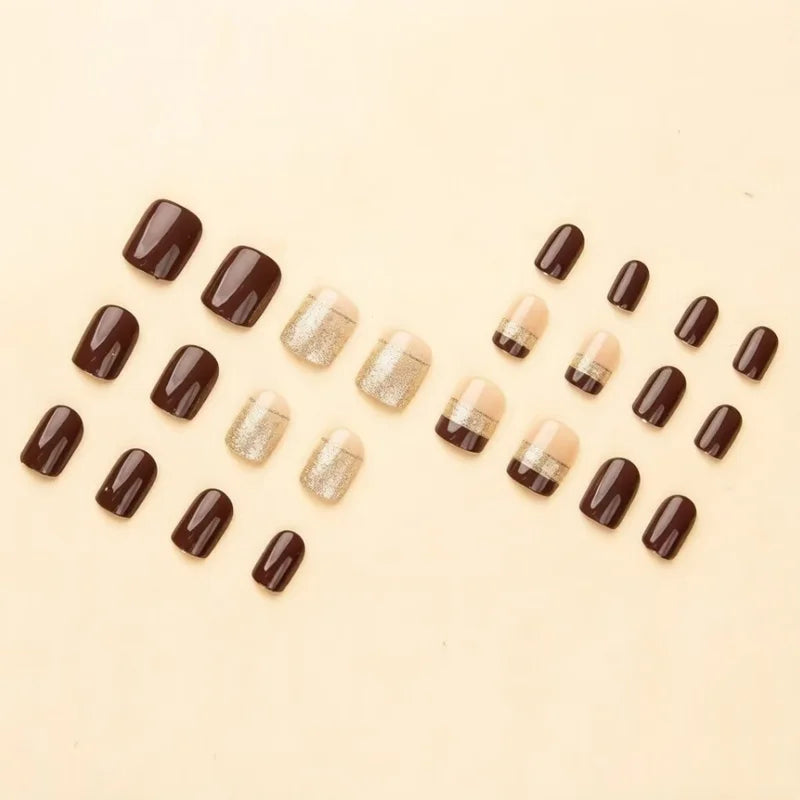 24pcs/set short square fake nails for women girls faux ongles fashion glitter geometric flowers design press on false nail kit