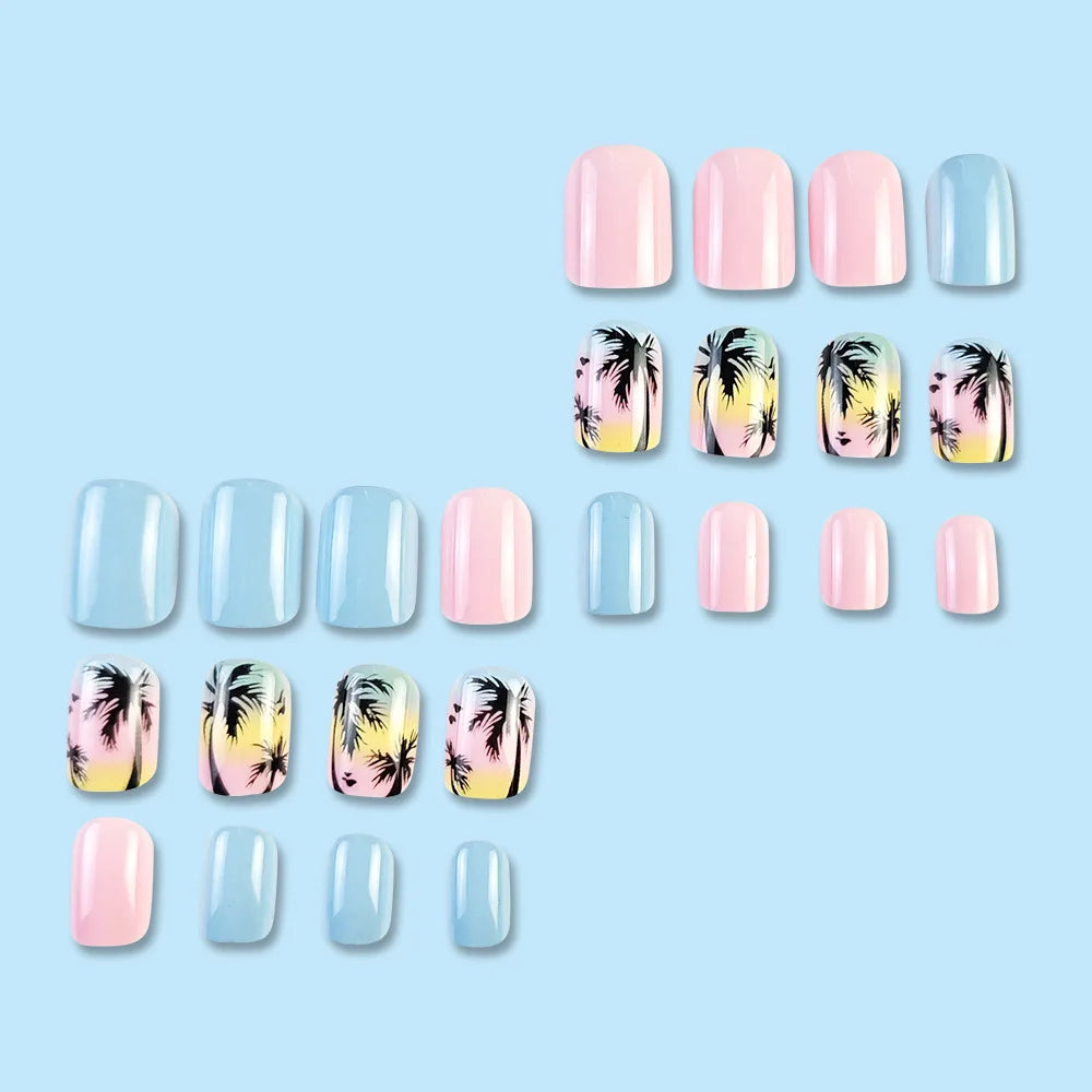 24pcs/set short square fake nails for women girls faux ongles fashion glitter geometric flowers design press on false nail kit