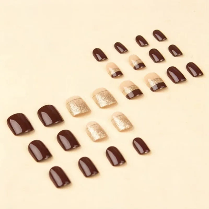24pcs/set short square fake nails for women girls faux ongles fashion glitter geometric flowers design press on false nail kit