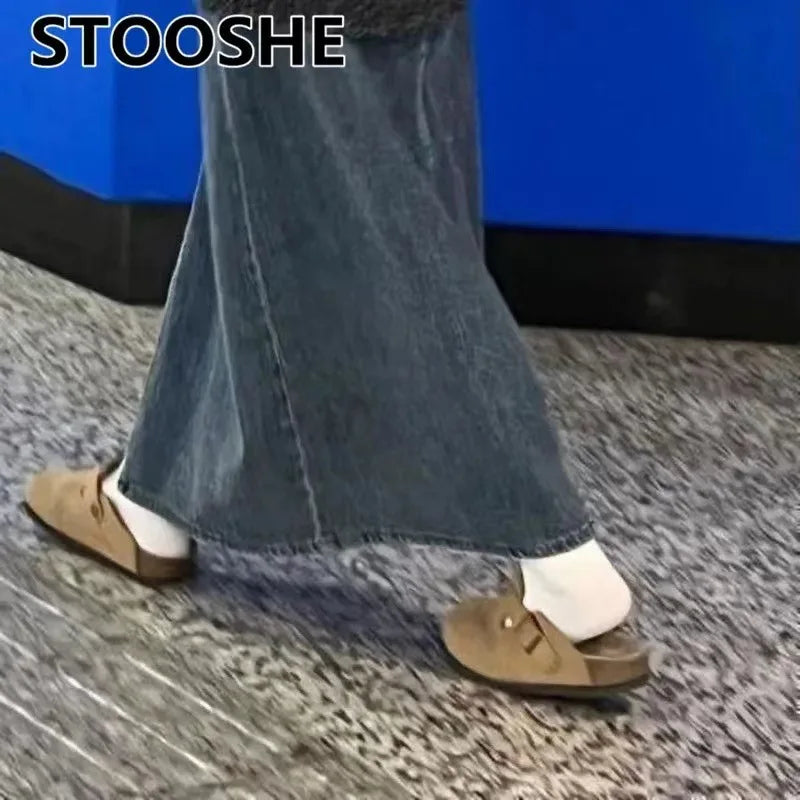 Comwarm Fashion Women's Suede Mules Slippers Men Clogs Cork Insole Sandals With Arch Support Outdoor Beach Slides Home Shoes